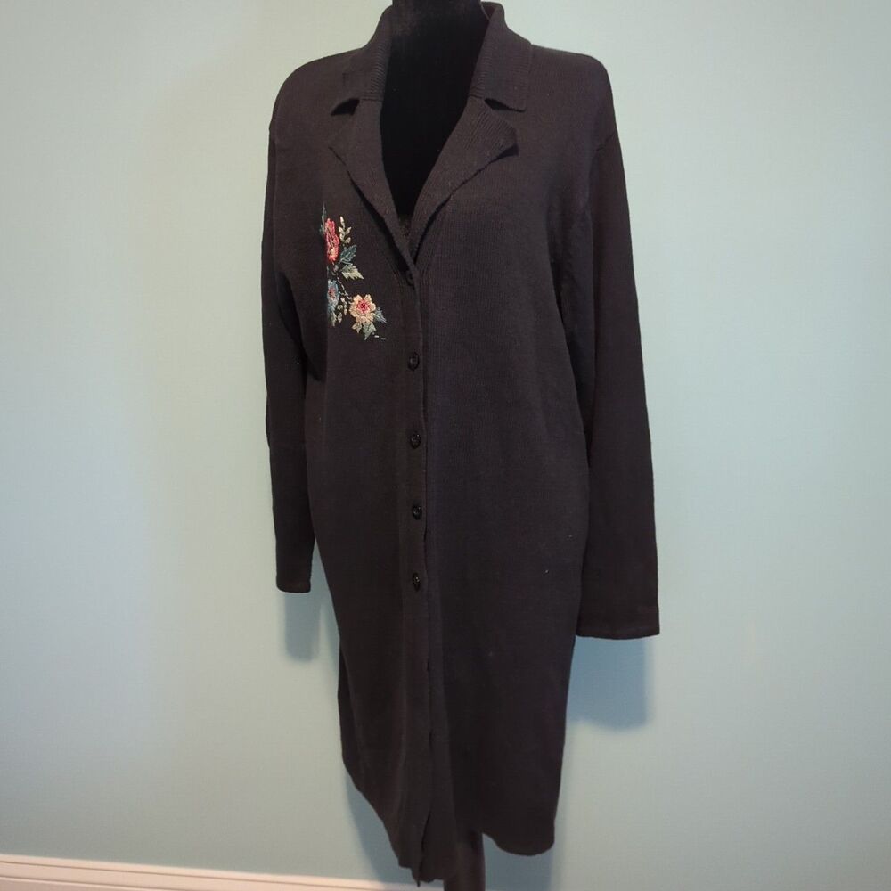 Vintage Jenny Long Cardigan Sweater W Cross Stitch Flowers Front And Back Large